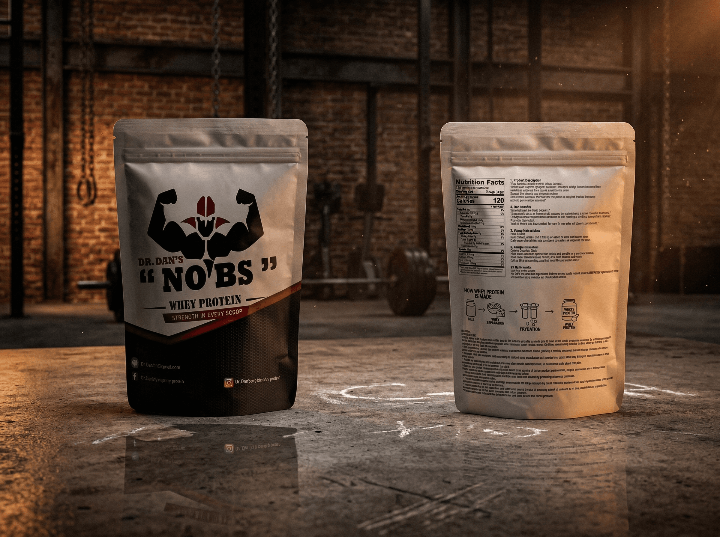 Dr Dan, plain black cap, holding a bag of NoBS Whey